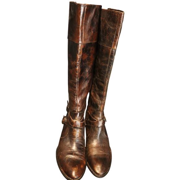 Born Crown Brown Leather Tall Riding Boots Low Heel Buckle 9 Knee Equestrian - Picture 5 of 10